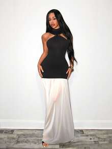 BamGleam 女士撞色鱼尾下摆修身优雅吊带连衣裙 - 黑與白 - 查看 5