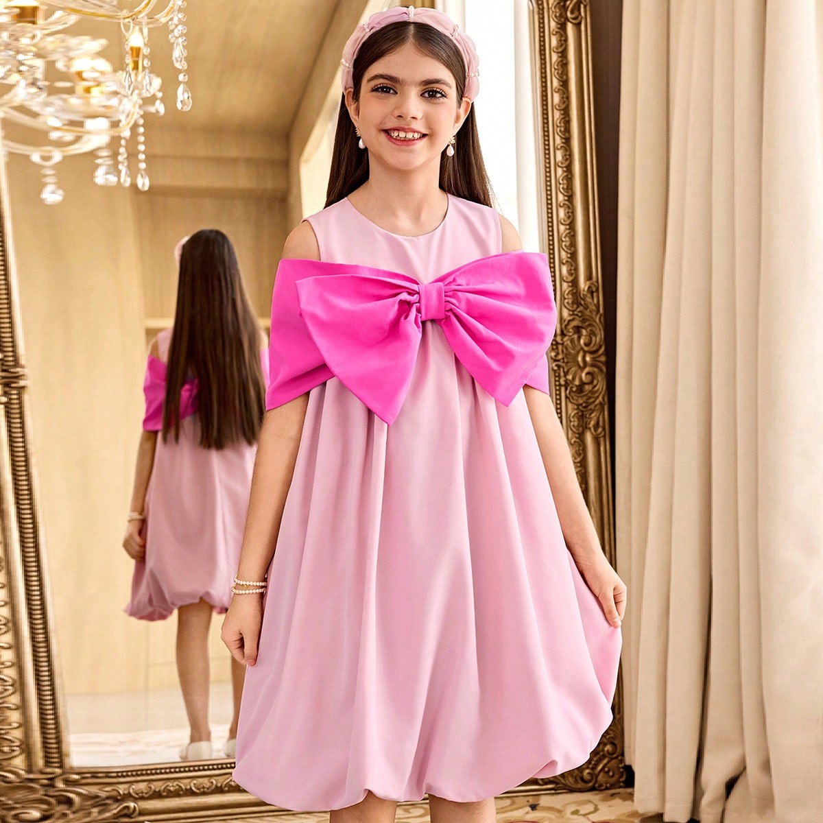 Vestido de manga corta con cuello redondo, dobladillo abultado y decoración de lazo en contraste para niña preadolescente