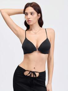 Loungeista 1 件黑色前扣、交叉肩带、精致细肩带、软杯提升和支撑女士文胸 - 黑色 - 查看 4