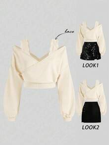 SHEIN MOD Plus Size Lace Trim Off Shoulder Long Sleeve Cropped Sweatshirt - Apricot - View 6