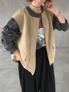 FRIFUL Women's Solid Color Round Neck Zipper Large Pocket Vest, Loose Casual Versatile Regular Jacket - Camel - View 1