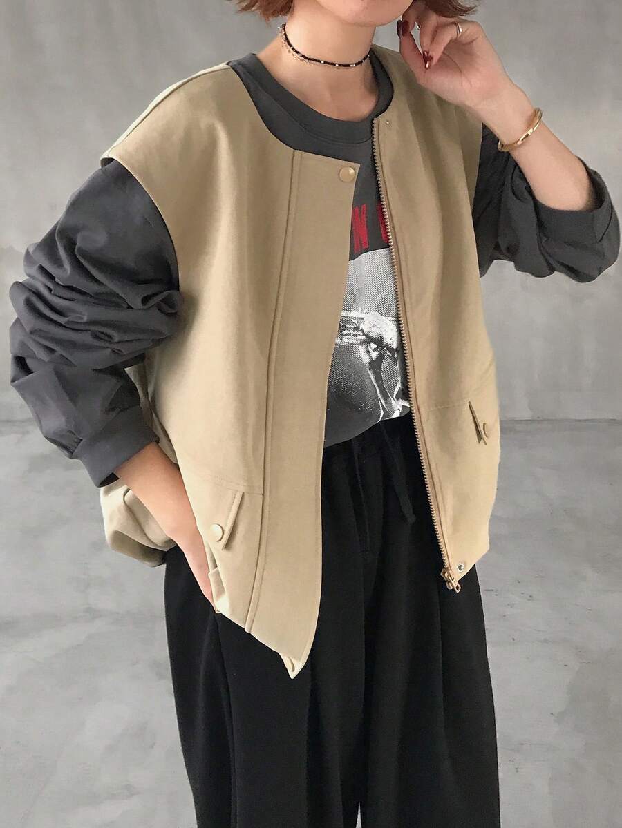 FRIFUL Women's Solid Color Round Neck Zipper Large Pocket Vest, Loose Casual Versatile Regular Jacket - Camel - View 1