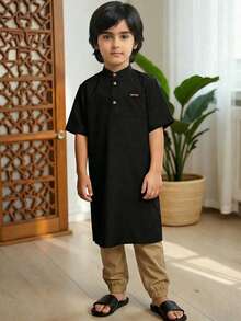 SHEIN Tween Boy Letter Patched Pocket Half Button Shirt & Drawstring Waist Pants Sets - Black - View 2