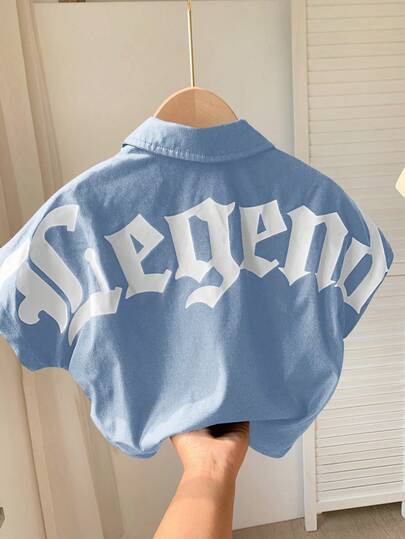 SHEIN 1件男童休闲舒适百搭字母印花蝙蝠袖衬衫，适合春夏穿着