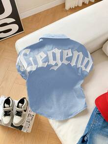 SHEIN 1pc Young Boys Casual Comfortable Versatile Letter Graphic Batwing Sleeve Shirt, Suitable For Spring/Summer - Dusty Blue - View 4