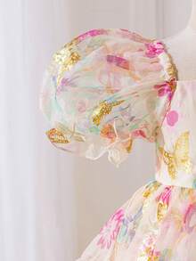 SHEIN 女婴方领花卉网纱方领泡泡袖休闲连衣裙 - 彩色 - 查看 9