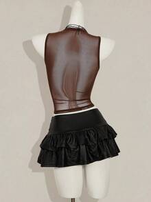 SHEIN ICON Áo hai dây ôm sát, xuyên thấu, màu đen lưới, gợi cảm, đính đá lấp lánh, dành cho nữ, kiểu dáng Y2k, chất liệu lưới, có chữ cái, hở lưng. - Cà phê nâu - Xem 2