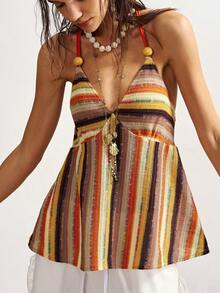 Bohemela Boho Summer Vacation  Valentine's Day    Carnival    Casual Knit Striped Camisole For Women - Orange - View 7