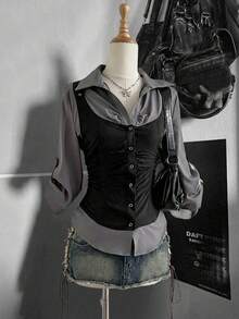 Attitoon 复古撞色纽扣二合一男女通用衬衫 - 黑色 - 查看 1