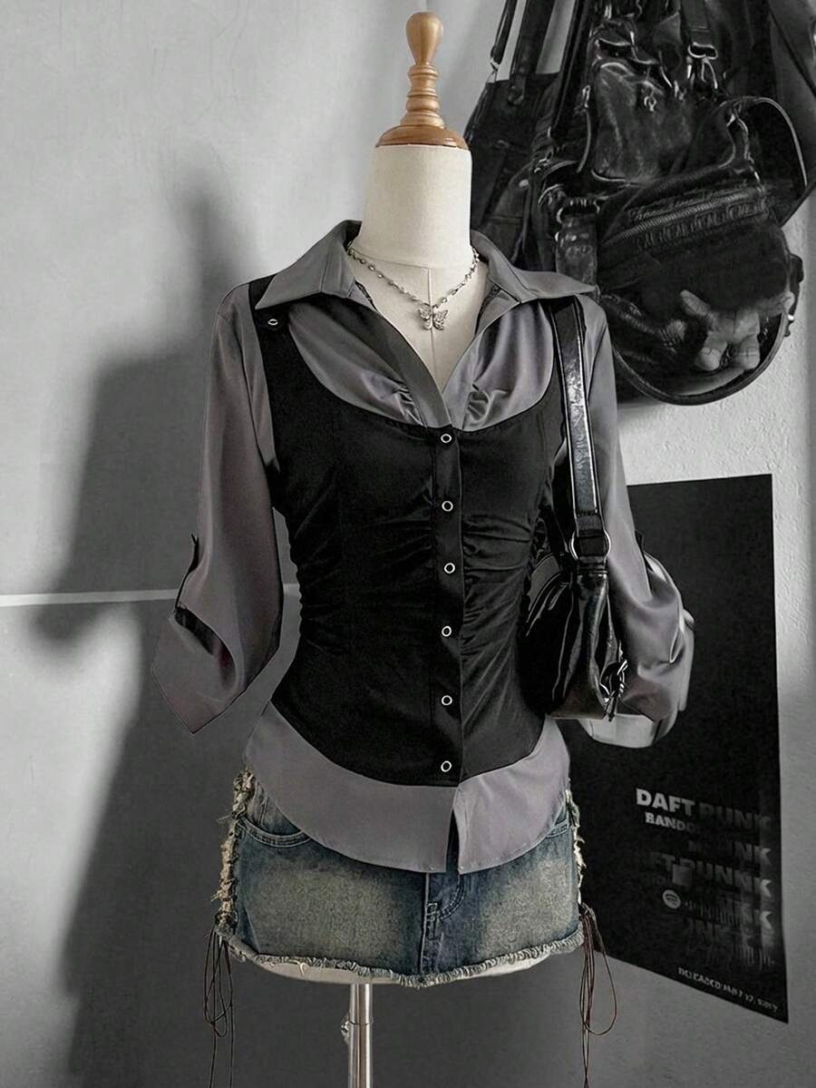 Attitoon 复古撞色纽扣二合一男女通用衬衫 - 黑色 - 查看 1