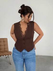 Firerie Plus Size Women Summer Solid Color Lace Splicing Deep V-Neck Fitted Vest Jacket In Fall/Winter - Coffee Brown - View 1