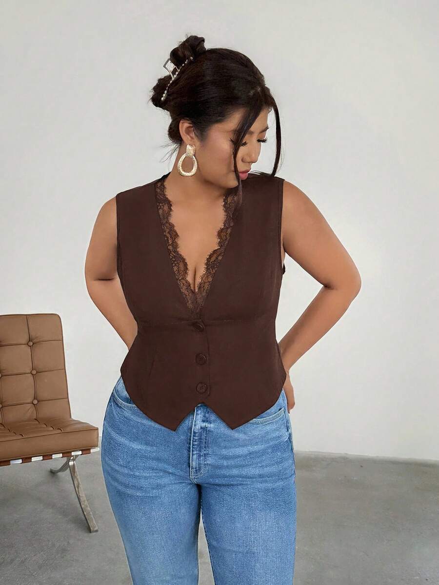 Firerie Plus Size Women Summer Solid Color Lace Splicing Deep V-Neck Fitted Vest Jacket In Fall/Winter - Coffee Brown - View 1