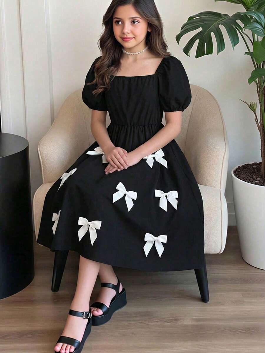 SHEIN 少女寬鬆優雅方領花瓣袖撞色蝴蝶結裝飾洋裝 - 黑色 - 查看 1