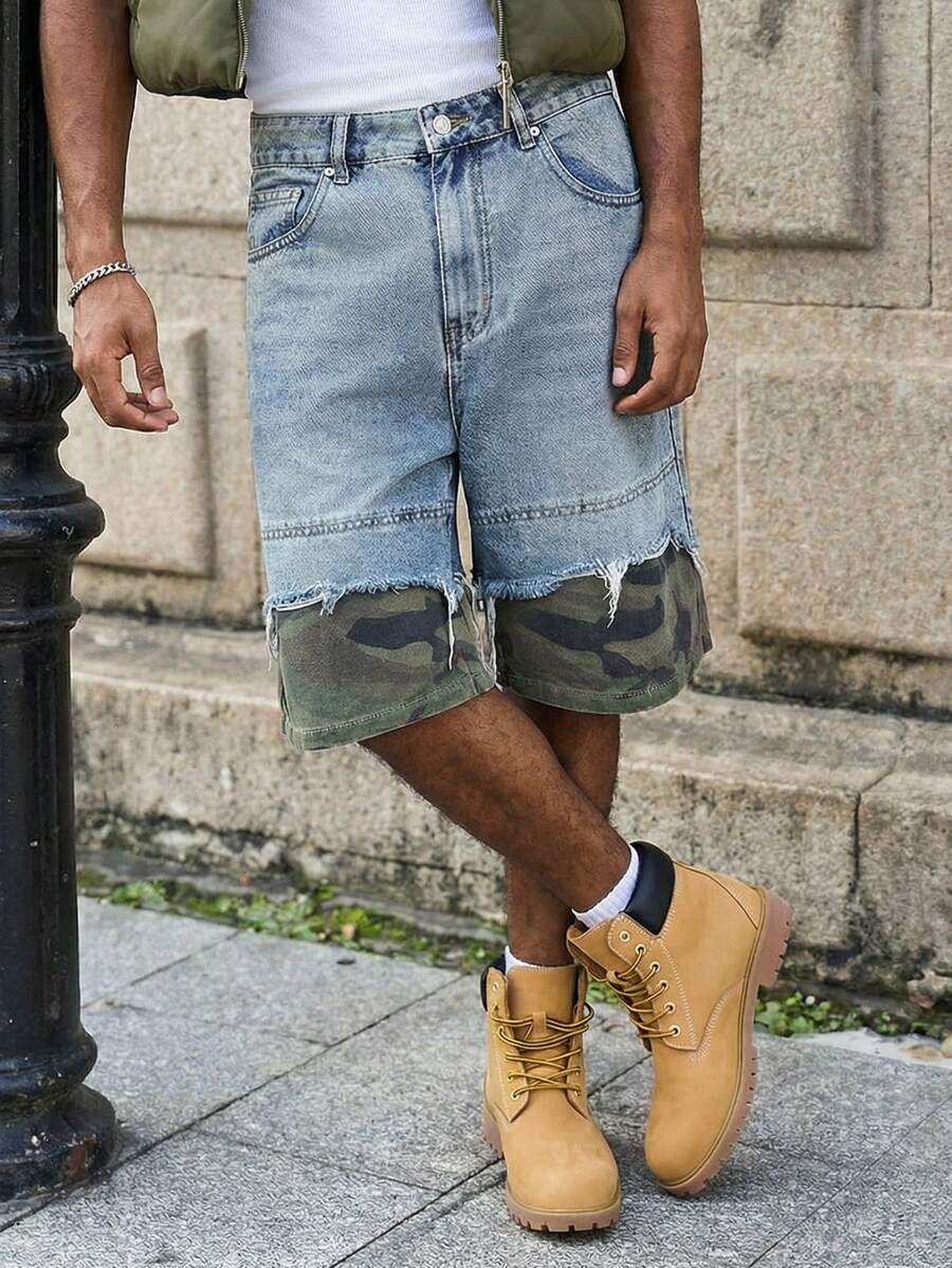 Manfinity EMRG 男士休闲迷彩拼接牛仔短裤，夏季 - 藍色 - 查看 1