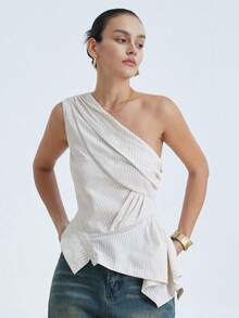 Ciel Poise 不对称条纹不对称领口无袖衬衫，欧式风格，解构设计，休闲工作两相宜的百搭女式上衣 - 彩色 - 查看 6