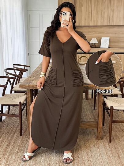 Weeklong Plus Size Women V-Neck Striped Dual Pocket Ruched Slit Hem Casual Knit Dress, Spring/Summer