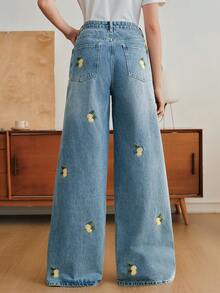 Anewsta Women's Fashion Pockets Fruit Embroidery Straight Leg Jeans - Blue - View 4