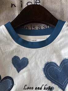 SHEIN قميص تي شيرت قصير الأكمام بياقة دائرية مناسب للفتيات، مطبوع برسومات قلوب وحروف، مناسب للصيف - متعدد الألوان - مشاهدة 4