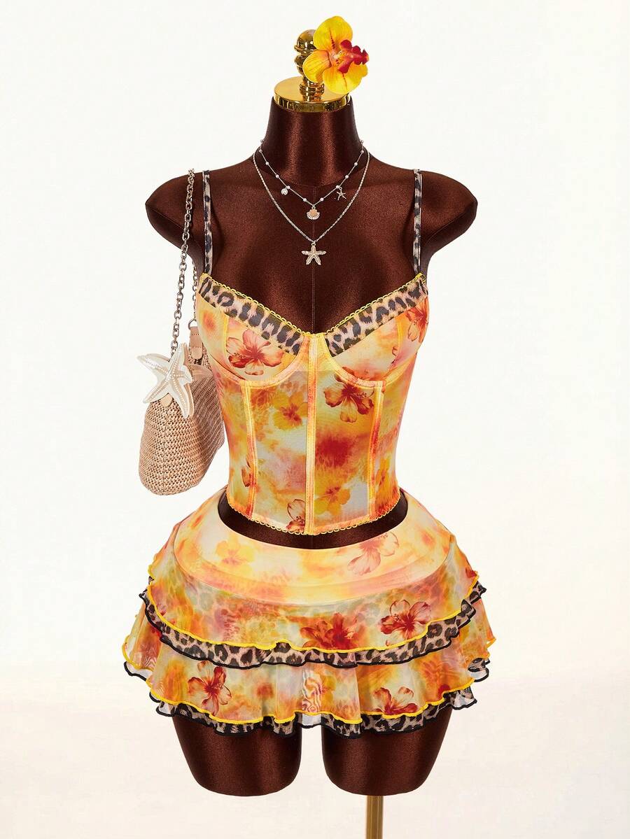 Amplova 2026 Early Spring Floral & Leopard Print Low-Cut Blouse, Low-Waist A-Line Skirt, Women's 2-Piece Set - Multicolor - View 1