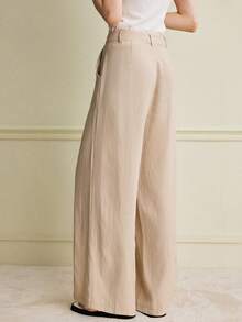 Écloséra Women's Soft Linen Blend Split Front High Waist Slimming Straight Leg Casual Pants, Khaki, Spring/Summer - Khaki - View 5