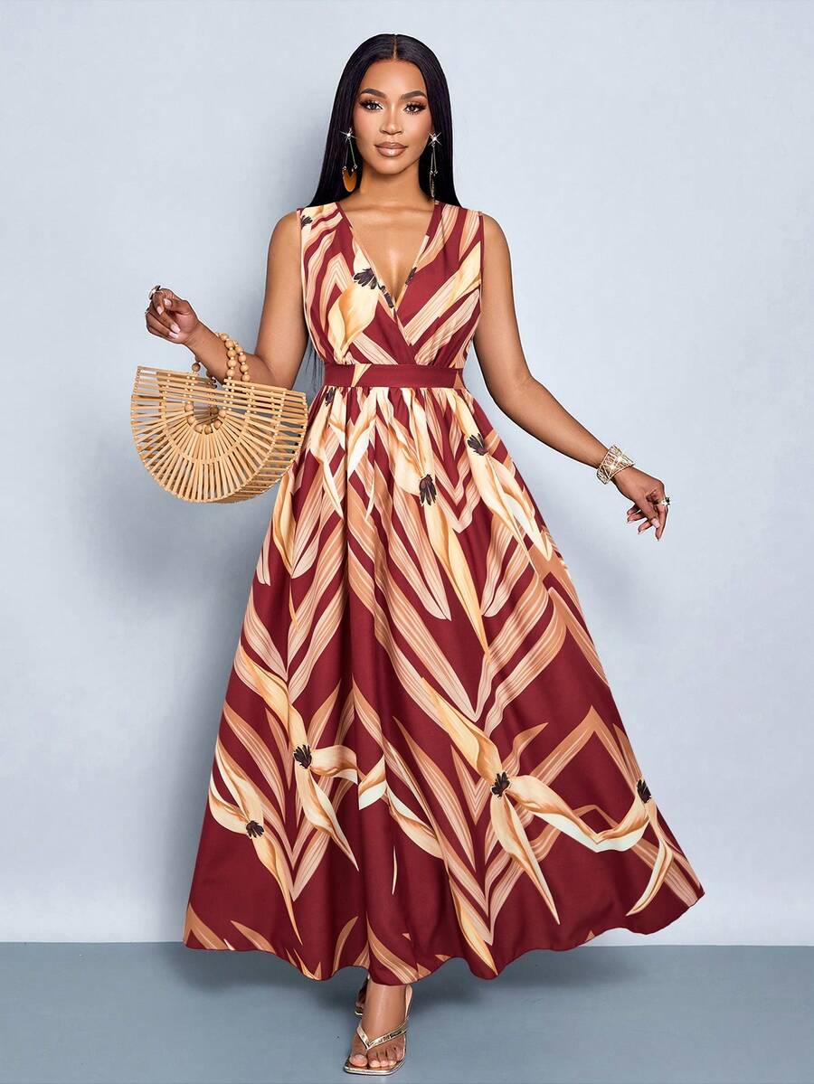 SOLERSUN 女士无袖弹力腰长连衣裙，适合夏季度假和日常穿着，波西米亚风节日、海边度假、沙滩旅行、约会、通勤，优雅（随机花卉图案） - 酒紅色 - 查看 1