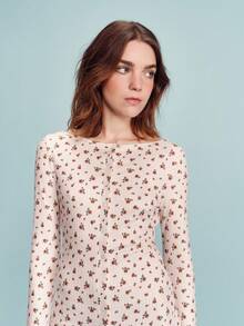lacRébo Vestido midi de manga comprida com estampa floral em estilo vintage, modelagem ajustada e detalhe de botões frontais. Lindo e romântico, perfeito para a primavera/verão, com inspiração francesa e parisiense. Vestido midi feminino de manga comprida com estampa floral. - Damasco - Ver 4