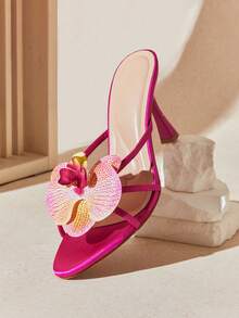 SHUZIA Giày sandal nữ cao gót, mũi tròn, họa tiết hoa lan, nhiều quai, chất liệu satin màu hồng fuchsia – Sang trọng, thanh lịch và thu hút ánh nhìn. - Màu Hồng Tươi - Xem 7