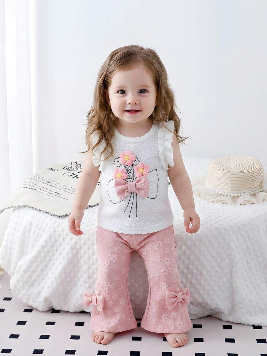 2pcs Baby Girls Knitted Textured Fabric Ruffle Trim Floral Top And Pants Set, Sweet Jacquard, Casual Summer Outfit - Pink - View 1