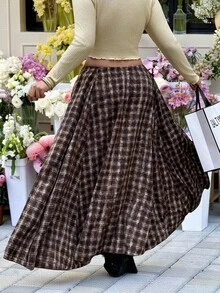 SHEIN EZwear 大码复古长款格子棕色休闲裙 - 棕色 - 查看 2