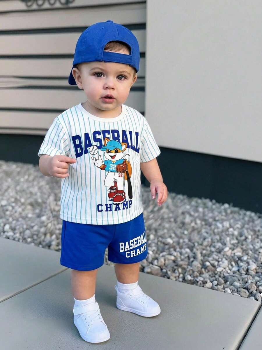 Bubblio Bộ 2 món gồm áo thun ngắn tay và quần short in hình động vật dễ thương cho bé trai, áo khoác kiểu bóng chày, quần áo mùa xuân/hè cho bé trai. - Màu xanh lam - Xem 1