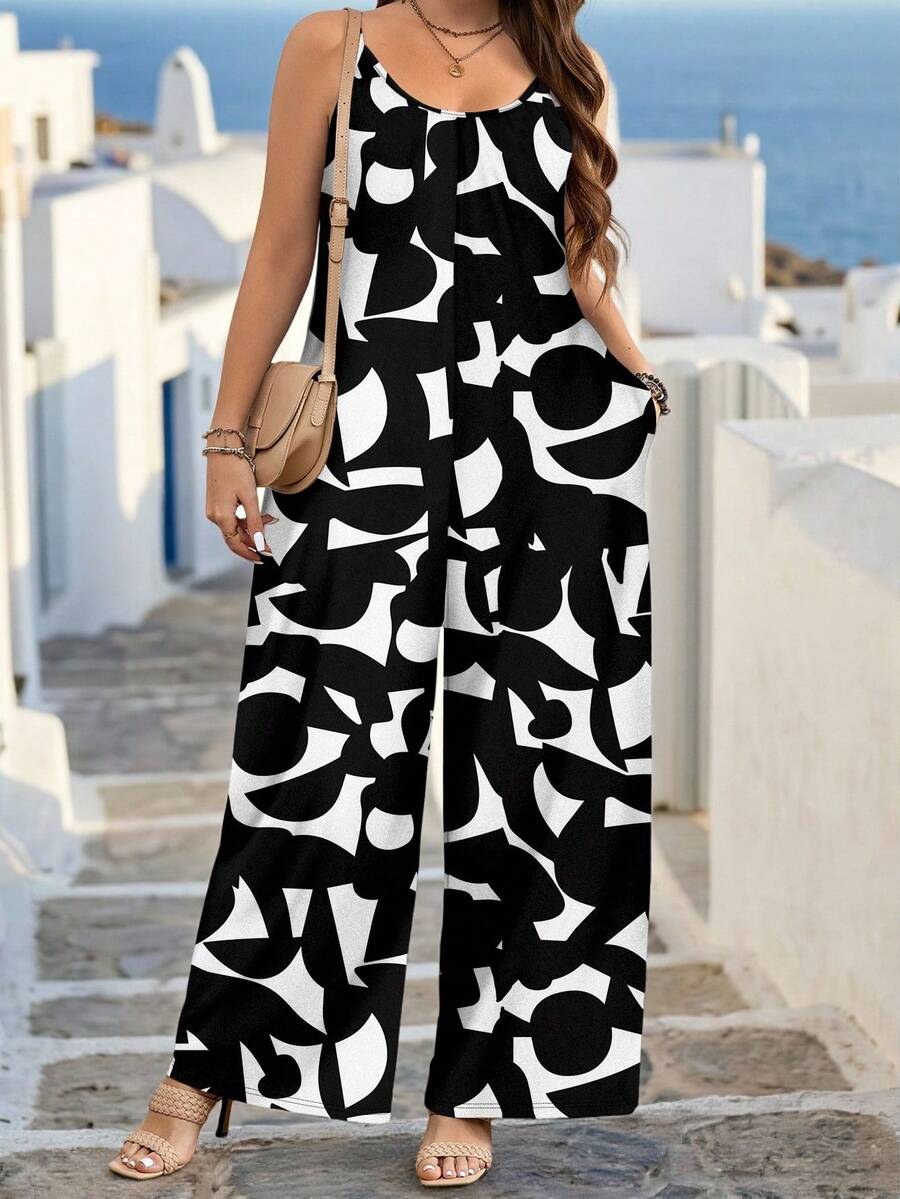 EMERY ROSE Plus Size Abstract Black & White Geometric Print Jumpsuit Spring - Multicolor - View 1