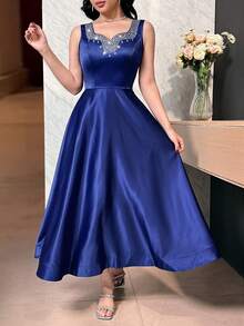 Feyla Vestido elegante de longitud media sin mangas con decoración de rhinestones de unicolor para mujer - Azul - Ver 7
