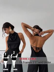 SHEIN PETITE CURVE 大码优雅纯色露背吊带露背系带上衣，夏季，露背吊带衫，露背上衣，黑色吊带背心，女士夏季装，情人节女士装，狂欢节女士服装，派对，婚礼及活动，优雅女士衬衫，黑色衬衫 - 黑色 - 查看 3