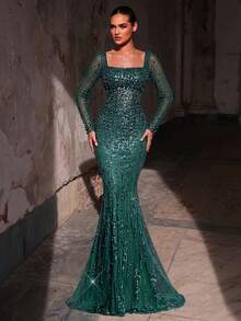 Glamrae Rochie elegantă și luxoasă, model sirenă, cu mâneci transparente, cu paiete, potrivită pentru nunți, petreceri, vacanțe, baluri, ocazii formale (foarte decorată)