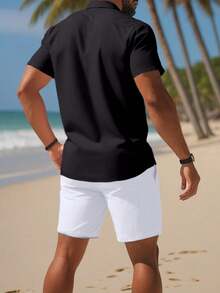 2pcs Men's Solid Color Short Sleeve Shirt Collar Button Front Shirt & Shorts Casual Set - Black and White - View 2