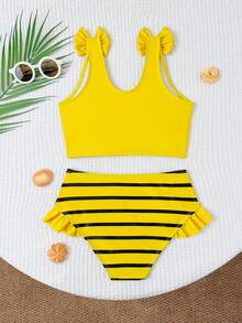 女童比基尼套装，新款黄色条纹蜜蜂印花和大眼睛可爱印花两件式泳衣，荷叶边装饰，时尚优雅，休闲运动，色彩鲜艳，适合游泳、海滩、泳池、拍照、送礼、水上乐园、夏季水疗等场合。 - 黃色 - 查看 7