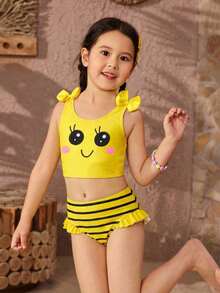 女童比基尼套装，新款黄色条纹蜜蜂印花和大眼睛可爱印花两件式泳衣，荷叶边装饰，时尚优雅，休闲运动，色彩鲜艳，适合游泳、海滩、泳池、拍照、送礼、水上乐园、夏季水疗等场合。 - 黃色 - 查看 8