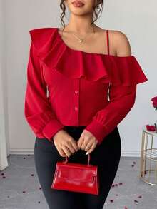 Elenzga Chic Red Plus Size Cold Shoulder Ruffle Top With Asymmetrical Neck And Long Sleeves Fall - Red - View 6