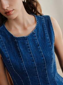 Anewsta Women's Elegant Romantic Party & Vacation Elastic Fitted Ruffle Trim Sleeveless Blue Top With Jeans Denim Peplum Top - Blue - View 2