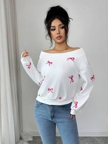 Selianne Elegant & Romantic Off Shoulder Long Sleeve Sweatshirt, Suitable For Vacation, Commute, And Everyday Wear - White - View 6