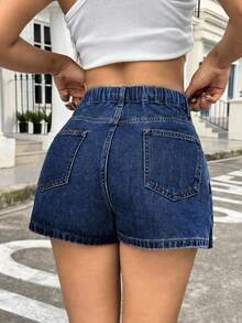 SHEIN Plus Size Casual Versatile Slant Pocket Daily Denim Skort - Dark Wash - View 2