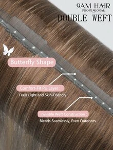 9AM HAIR 蝴蝶结发片,真人发,无胶 OVO PU 孔,手工编织,隐形 DIY 双层发片,直发,1 片装,16 英寸 - S4/4/27 - 查看 8