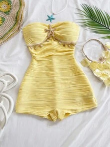 Soleia Women's Jacquard Knit Textured Fabric Metal Accent Jumpsuit, Suitable For Party, Christmas, Date Night, Nightclub, Beach, Cruise, Afternoon Tea, Bohemian, Boho, Vacation, Fall - Yellow - View 3