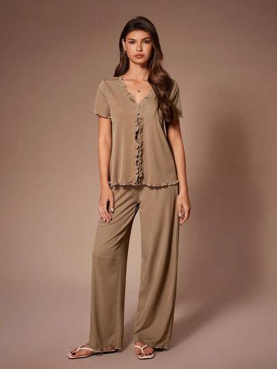 Lazeform Women's Solid Color Casual Ruffle Trim V-Neck Short Sleeve Pants Pajama Set