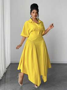 Maweii Women's Spring/Summer Vacation Minimalist Fashion Short Shirt Collar Blouse & Asymmetric Hem Loose Midi Skirt Set, Yellow Casual Daily Wear, New Design Plus Size Two Pieces Brunch Outfits For Curve Lemon Dress Plus Size Yellow Dress Curve - Yellow - View 6