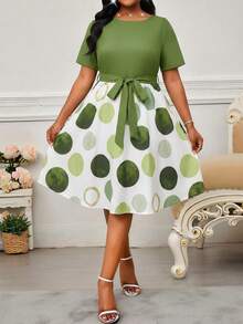 SHEIN Lady Plus Size Polka Dot Print Round Neck Belted Elegant Short Sleeve Dress - Multicolor - View 3