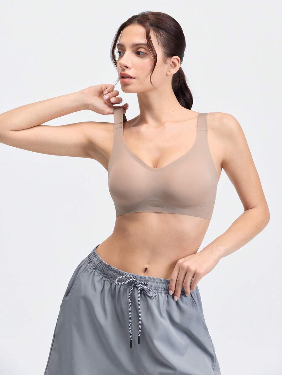 Loungeista 1件女款休閒舒適無鋼圈內衣,純色極簡無縫Bralette,適合夏季 - 卡其色 - 查看 1