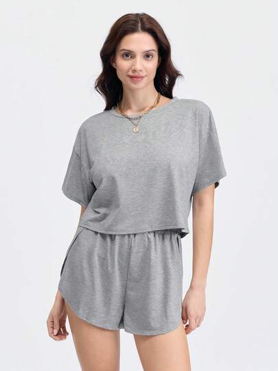 Loungeista 2 件女式新款微透明柔软舒适休闲运动沙滩套头衫圆领短袖侧开衩阔腿短裤套装，适合家居服