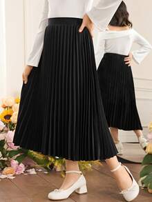 SHEIN Tween Girls' Elegant Black Solid Pleated Skirt, Versatile Graceful Skirt, Academic Style Pleated Skirt - Black - View 4