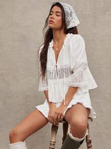 WESTFADE Lace Trim Crepe Puff Sleeve Ruffle V Neck Button Front Tie Bed Jacket Top - White - View 1